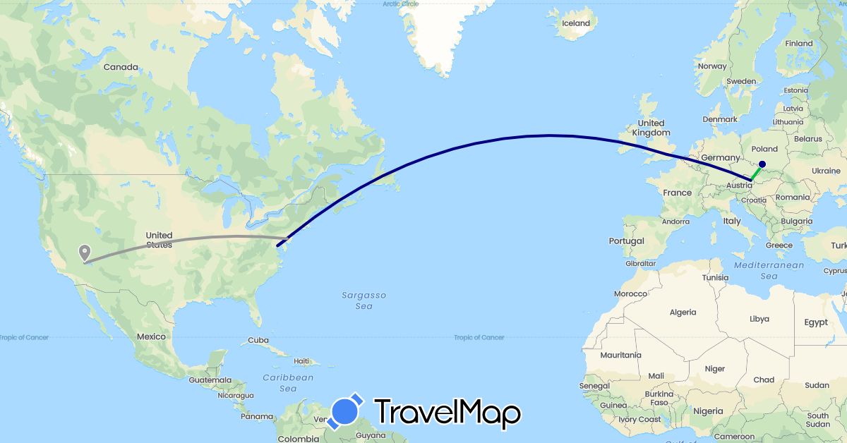 TravelMap itinerary: driving, bus, plane in Austria, Czech Republic, United Kingdom, Poland, United States (Europe, North America)